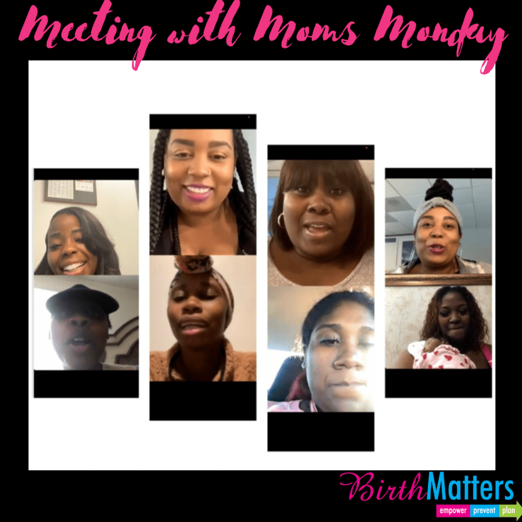 A collage of faces with the words meeting with moms monday