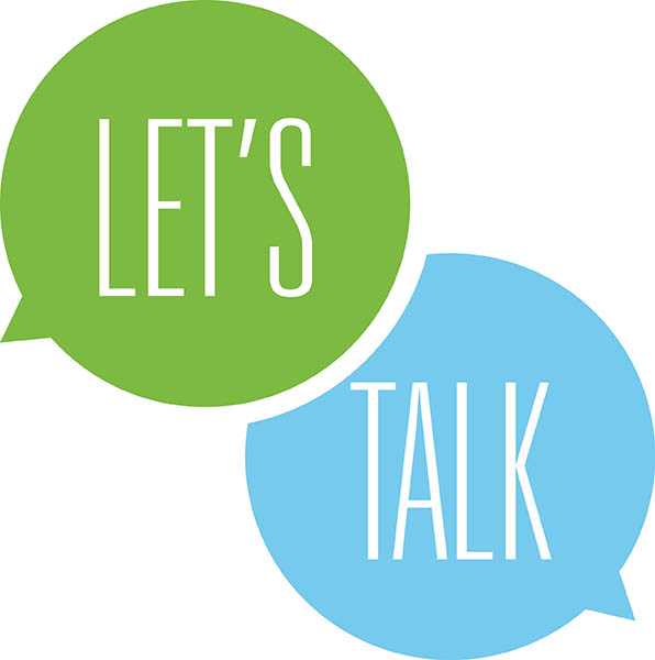 A green and blue speech bubble with the words " let 's talk ".