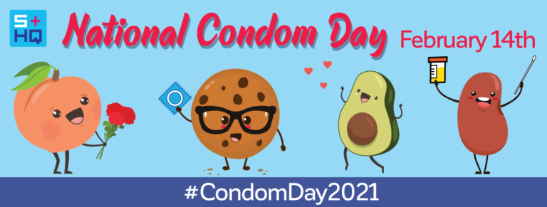 A blue background with cartoon characters and the words " national condom day 2 0 2 1 ".