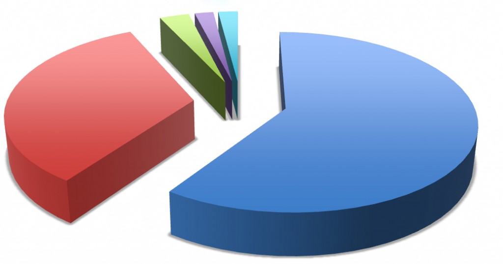 A pie chart with different colored blocks and some of the same color blocks.